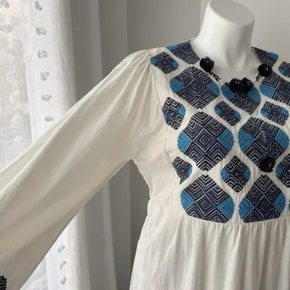 Figue Lucie White Blue Embroidered Pom Pom Long Balloon Sleeves Boho Mini Dress - Picture 3 of 13